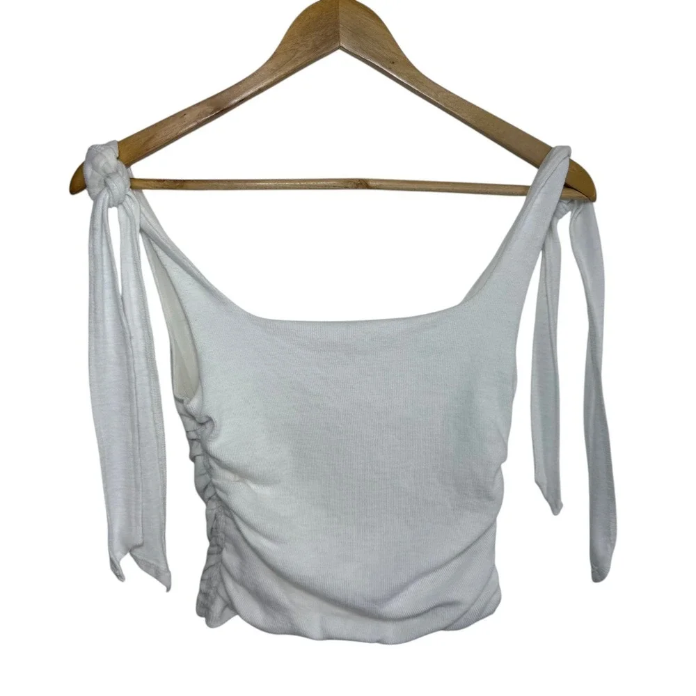 Free People Boulevard Tie Strap Tank Crop Top White Ruched‎ Cotton S Minimalist